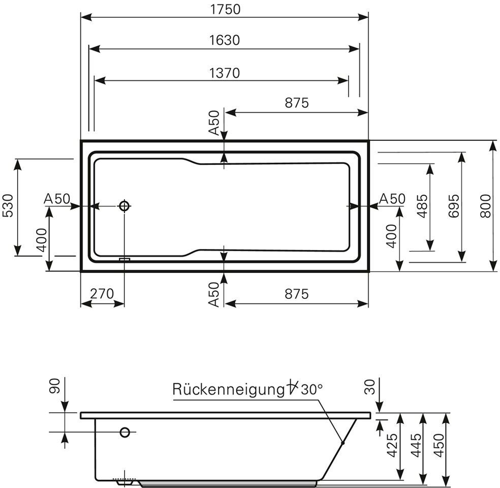 Mauersberger Badewanne Jatro 175 x 80 cm Überlaufloch gegenüberliegend