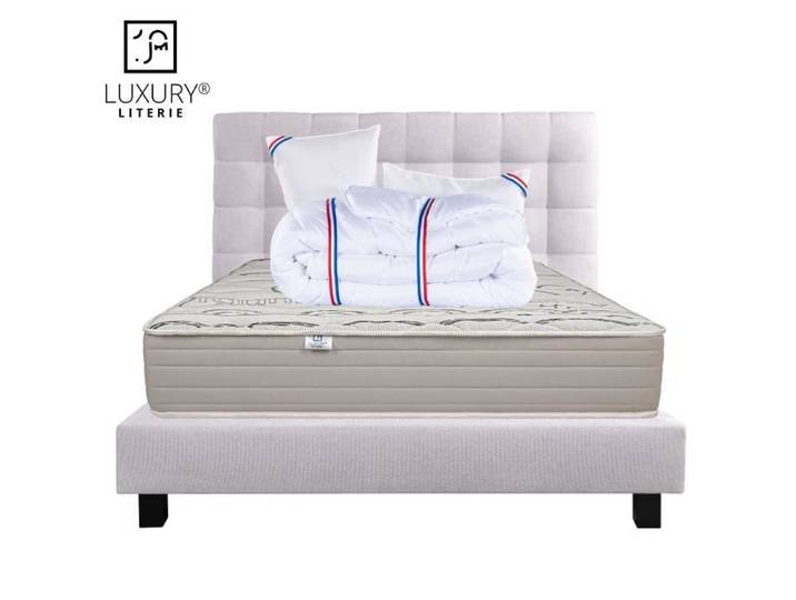 Ensemble Matelas Organic Coton 160x200 cm + 2 Oreillers + Couette + Sommier + Tête de Lit Gris