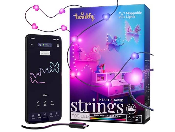 Twinkly Strings USB-C Heart 200 LED\, Guirlande Lumineuse en Forme de Coeur\, Fil Lumineux LED Multicolore RGB\, Lumières Saint-Valentin\, Compatible avec Alexa\, Google Home\, USB C\, Fil Vert\, 12m
