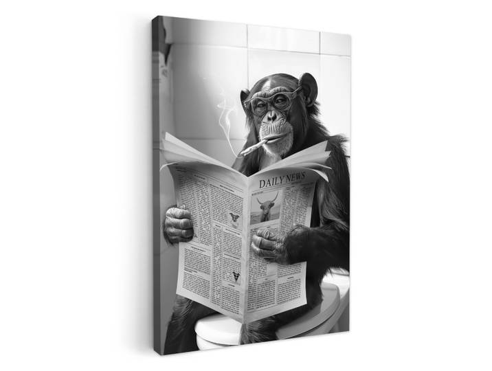 LEINWANDBILD Affe - WC - Zeitung - Schwarz-Weiß - Humor Wanddeko 40x60 cm