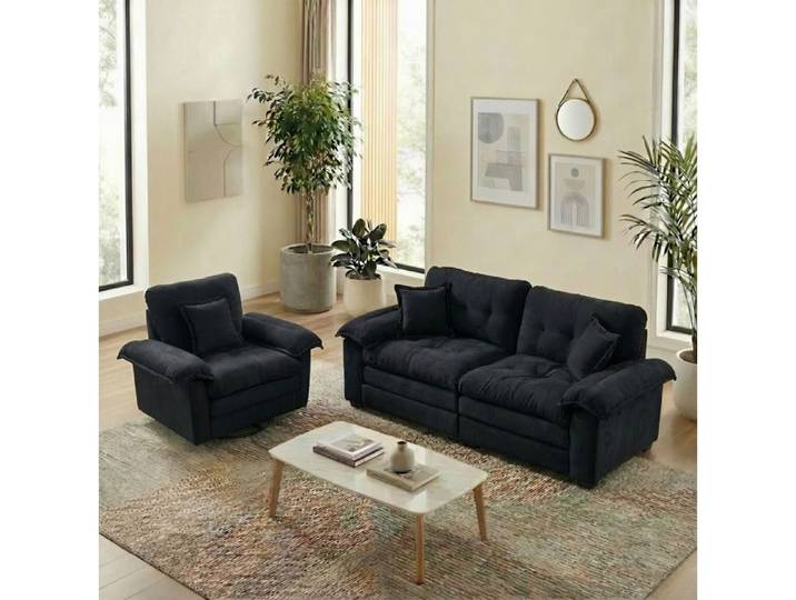 WOVREO Ensemble canapé 2 pièces noir en chenille fauteuil + canapé 2 places assise profonde coussins inclus
