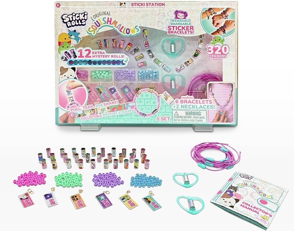 Sky Castle Toys Sticki Rolls Squishmallows Sticki Station DIY Sticker Jewellery Kit for Kids, Includes 320 Holographic Stickers, Beads, Cords, and Pendants, Ages 5+