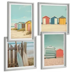 BILDER SET 4er Set - 50x50 cm & 40x60 cm Silberner Rahmen - Bunte Strandhäuser