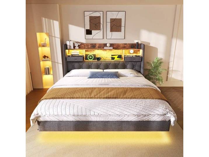 Lit suspendu capitonné - LEMONBEST - Lit capitonné LED 180x200 cm - Tête LED + USB/USB‑C - Sommier à lattes & rangement - Lin gris