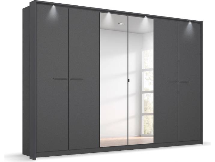 Drehtürenschrank, 275x212 cm, Holzwerkstoff, Graumetallic, Mit Beleuchtung & Spiegeltüren, Modern, Rauch