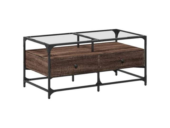 LASWWQMRF Couchtisch mit Glasplatte Braun Eichen-Optik 98,5x50x45 cm Eleganter Beistelltisch fürs Wohnzimmer mit gehärtetem Glas und stabiler Eichen-Optik Abstellfläche.