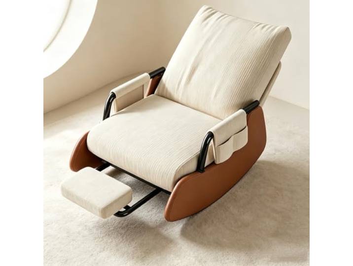 Schaukelsessel Modern mit Breiter 60cm Sitzfläche Ergonomischer Schaukelstuhl mit ausziehbarer Fußstütze und Seitentasche für tägliche Entspannung.