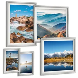 BILDER SET 5er Set - 50x50 cm & 20x30 cm & 40x60 cm Silberner Rahmen - Ausblicke auf die Natur, Leuchtturm, Berge