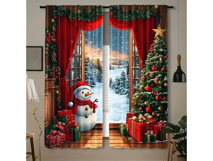 2 pièces de rideaux imprimés en bois simple avec scène du Père Noël et du bonhomme de neige - décoration intérieure, décoration de chambre