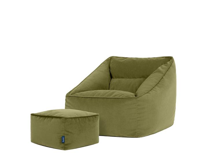 Pouf poire fauteuil avec repose-pied carré velours vert olive