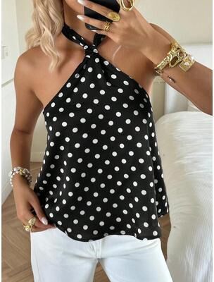 Universal Stock Vintage Polka Dot Halter Top For Women Lightweight Summer Sleeveless Tie Neck Blouse black s