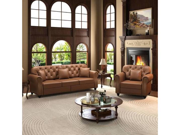 Ensemble canapé Chesterfield 4 places avec fauteuil et pouf coussins à ressorts ensachés cuir synthétique brun