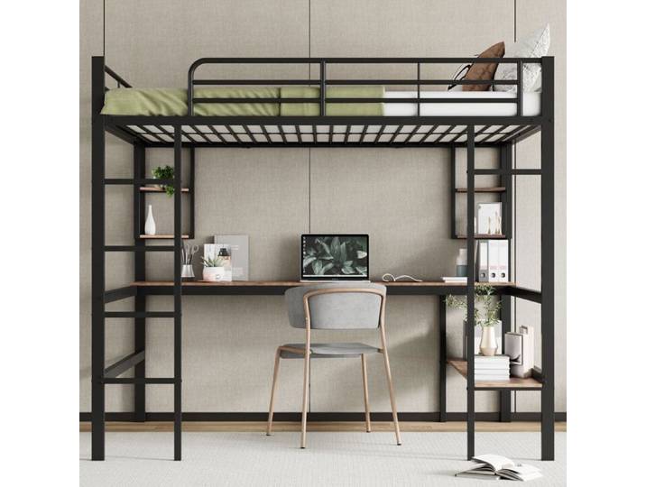 Maisentiel Lit mezzanine 140 x 200 cm en métal noir avec bureau étagères et bibliothèque