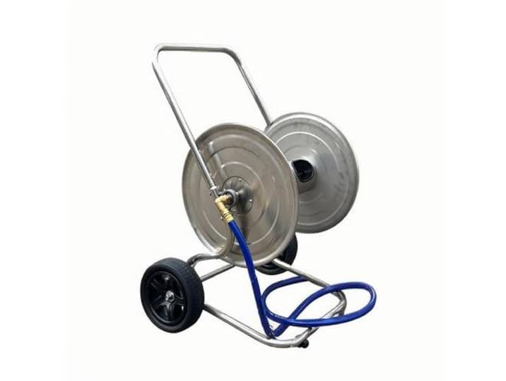 Chariot dévidoir Relaxdays\, jusqu'à 200 m\, mobile\, H x L x P 94 x 61 x 60 cm\, enrouleur de tuyau\, inox\, argent