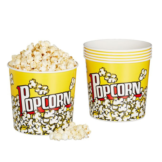 Relaxdays Popcorn bakjes, 6 stuks, geel, herbruikbaar, 2,8 l
