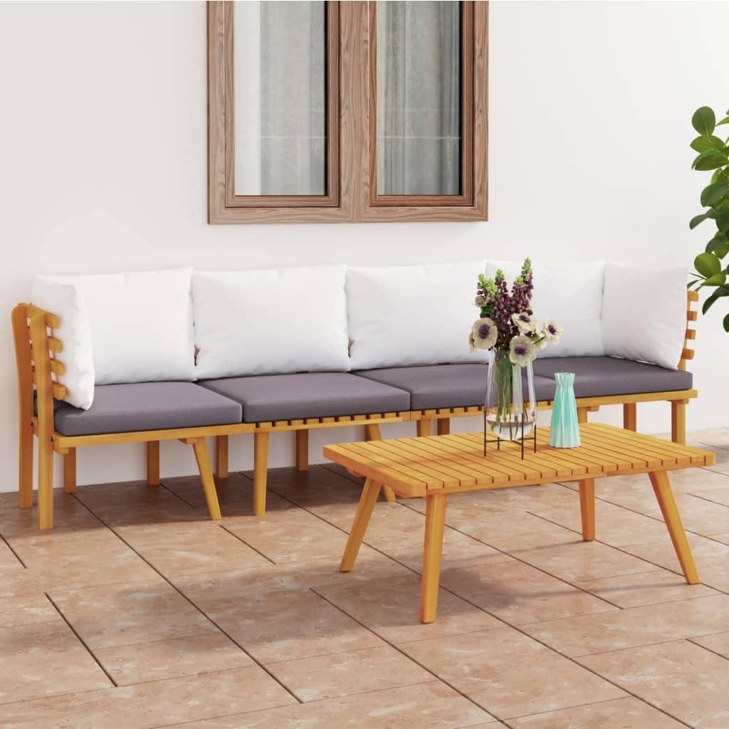 4-teiliges Garten-Lounge-Set aus massivem Akazienholz mit Kissen, wetterbeständiges Outdoor-Sofa-Set für Terrasse, Garten oder Hof mit zeitlosem Lattendesign und modularer Erweiterbarkeit