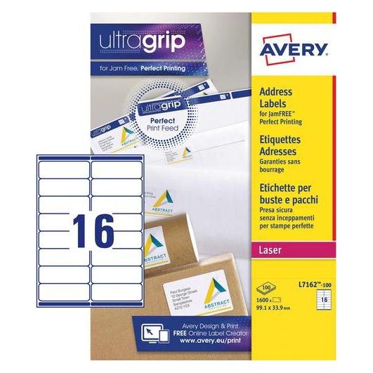 Avery Dennison Etiketten Zweckform ultragrip L7162, 99,1x33,9 mm, weiss, Pk. 1600 Stk. (L7162-100)
