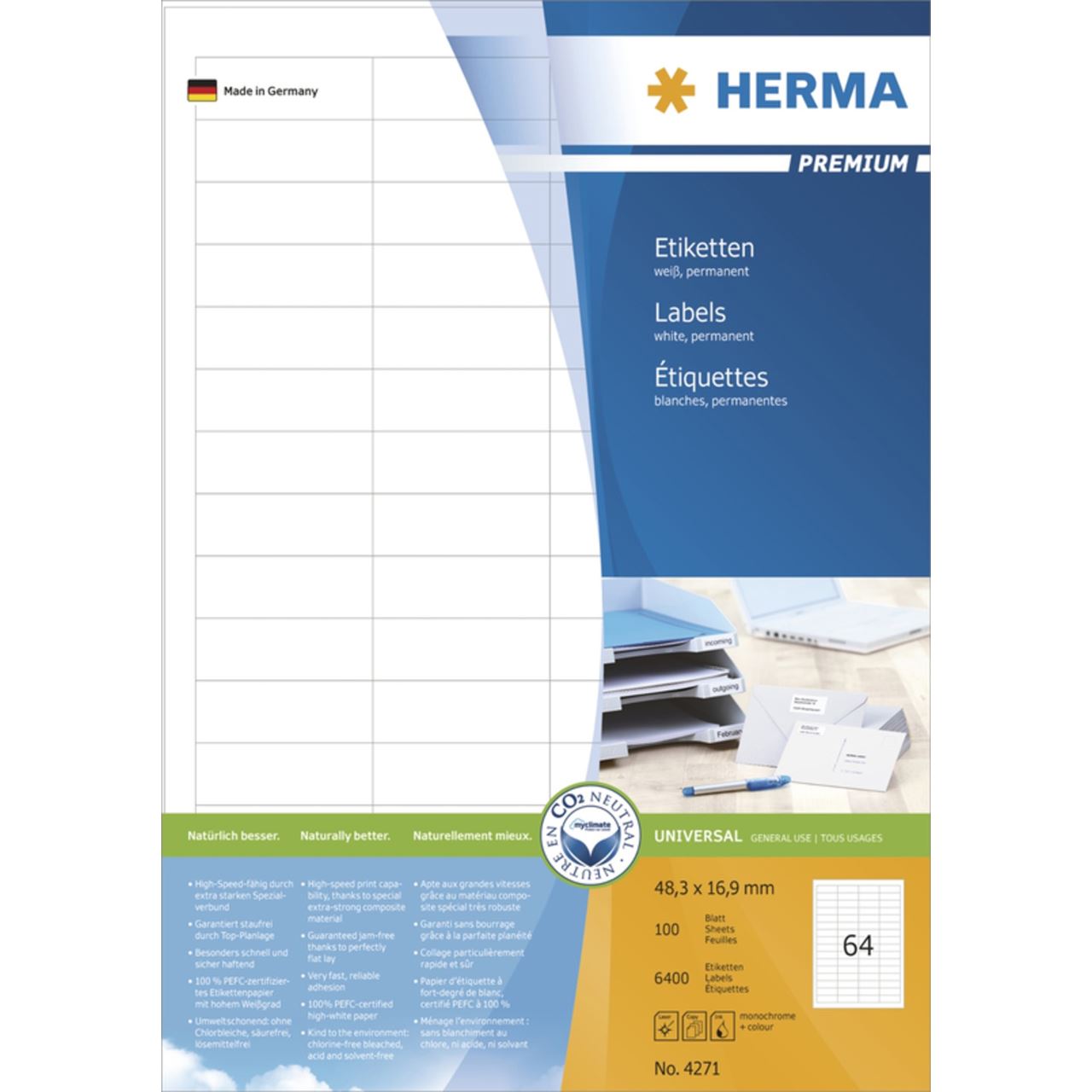 Herma 4271 Premium Universal-Etiketten 4.83x1.69 cm (100 Blatt (6400 Etiketten))