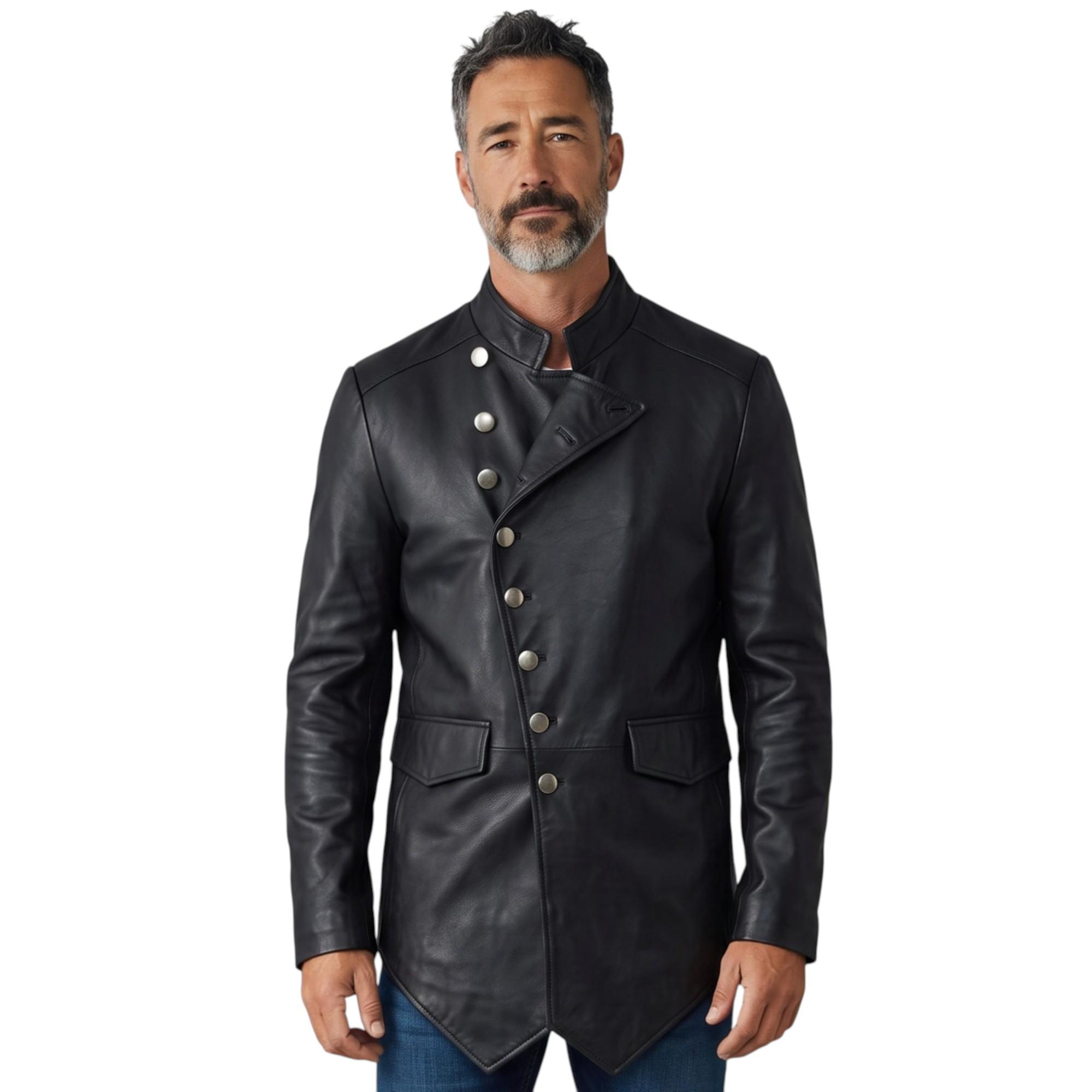 Herren Schwarze Leder-Mandarin-Militär-Assymetrische Jacke – Tauranga
