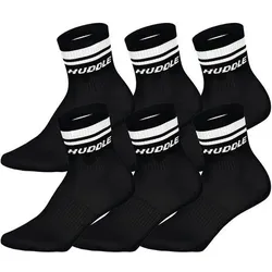HUDDLE Unisex Socken, 6er Pack - Doppelstreifen, Logo, Short Crew, Sportsocken, einfarbig, Größe 35-38 in Schwarz Schwarz
