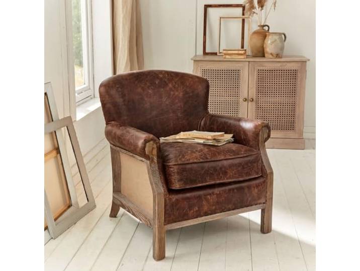 Loberon Sessel Banbury, braun Materialmix aus echtem Leder, Jute & Eschenholz, Bezug aus glattem Leder im Vintage-Look