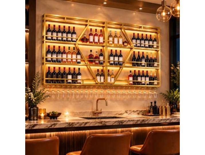 SPTZQURY Weinregal zur Wandmontage mit Wein Glashalter, 3 Lagiger Großes Industriell Schwebende Wandmontage Weinflaschenhalter, Bar Multifunktionaler Weinpareite Display Rack (Gold, 4 Tier,200cm)