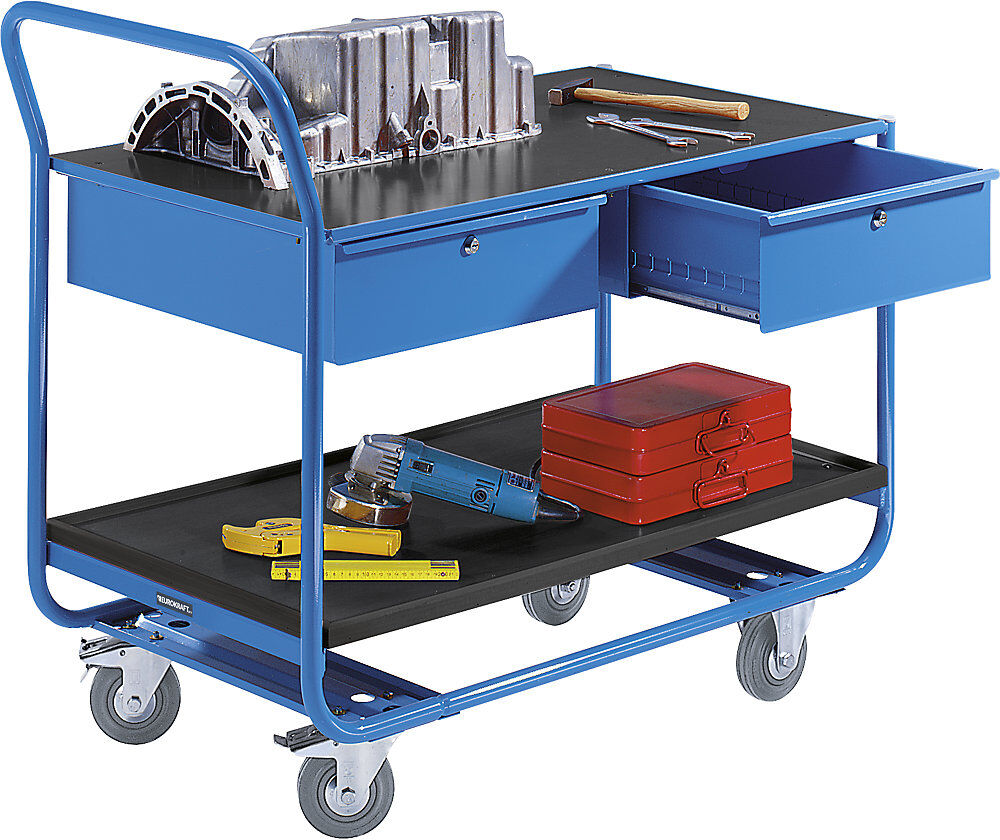 Industrie-Tischwagen, 2 Etagen, 2 Schubladen, Vollgummireifen spurlos eurokraft pro