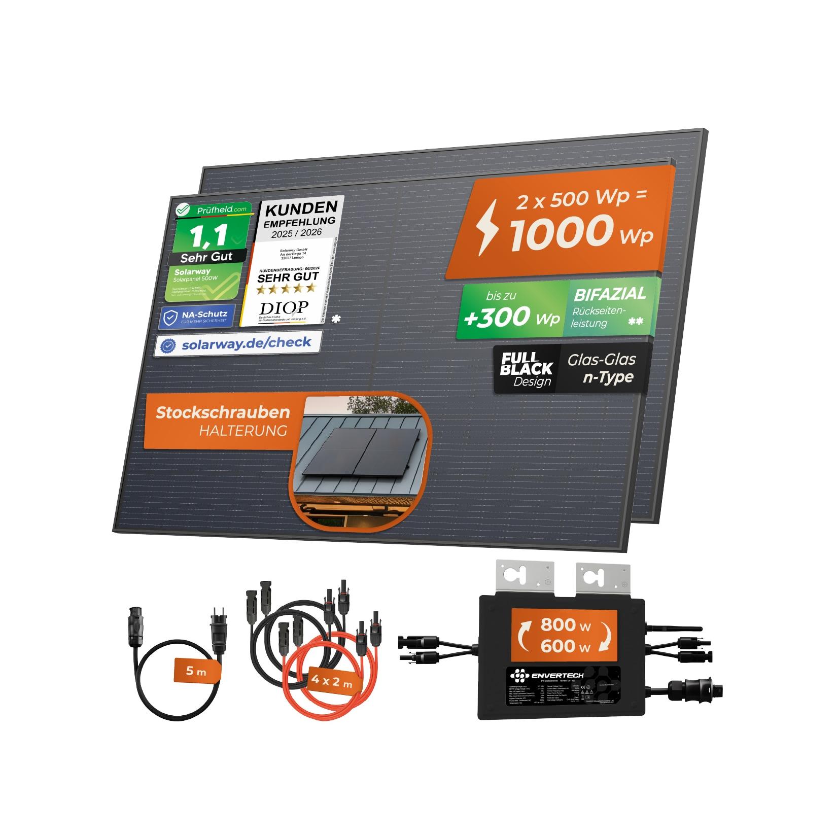Solarway® 1000W Balkonkraftwerk 800W komplett Steckdose - neuester 800 Watt Wechselrichter - Solaranlage Komplettset - 500W bifaziale Solarmodule & Envertech & Zubehör