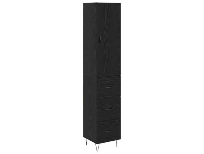Highboard Schwarz Eichen-Optik 34,5 x 34 x 90 cm Holzwerkstoff Regalbretter, Türscharniere, Bar-Griffe, Metallbeine, matte Griffe, Wandbefestigung, Holzwerkstoff, Wohnbereich, Essbereich