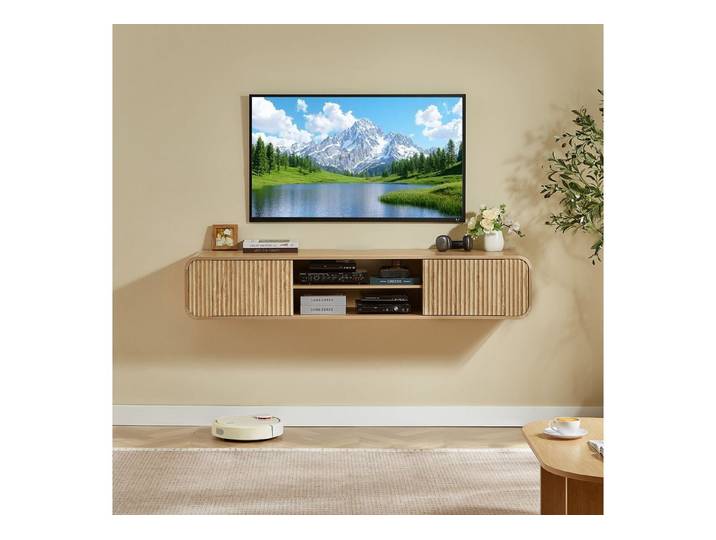 Fine Life Pro TV-Schrank Wandmontierter TV-Schrank, offene Fächer, natur 160 cm, hängend, Stauraum, Wohnzimmer, Schlafzimmer