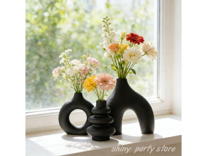 Lot de 3 vases géométriques en céramique brûlée, décorations d'intérieur, ornements de bureau, vases à fleurs blancs et noirs, décorations pour rebords de fenêtre