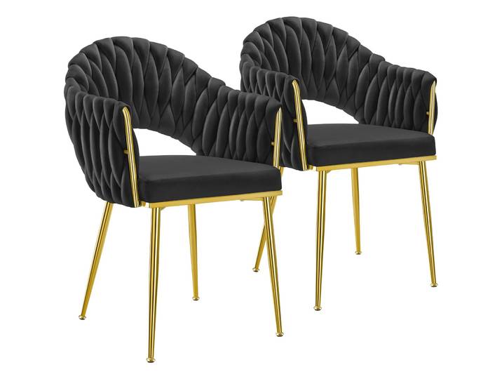 Set Esszimmerstuhl Caslano, Samtbezug, Lehne im Flechtdesign - schwarz/gold