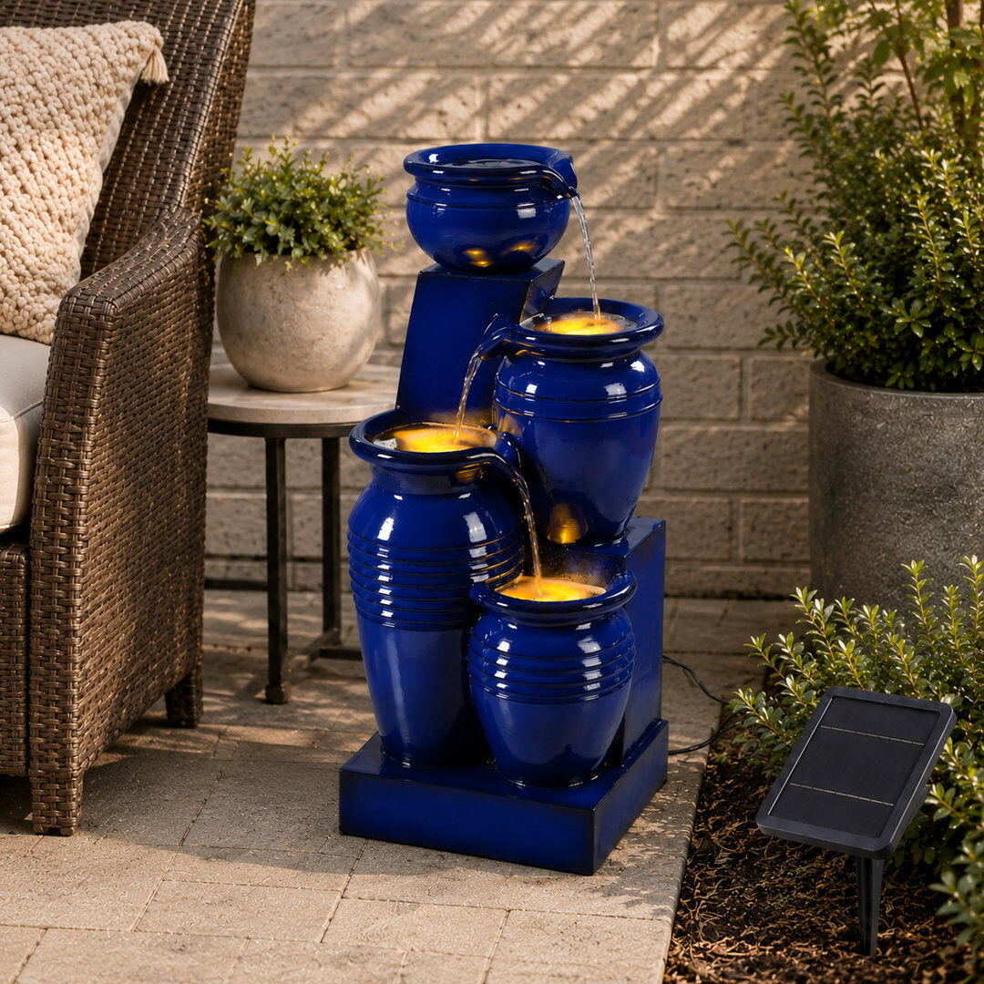 Teamson Home 4-Tier Outdoor Solar Cascade Water Fountain with LED Lights Navy 73cm H X 31.5cm W X 28.5cm D