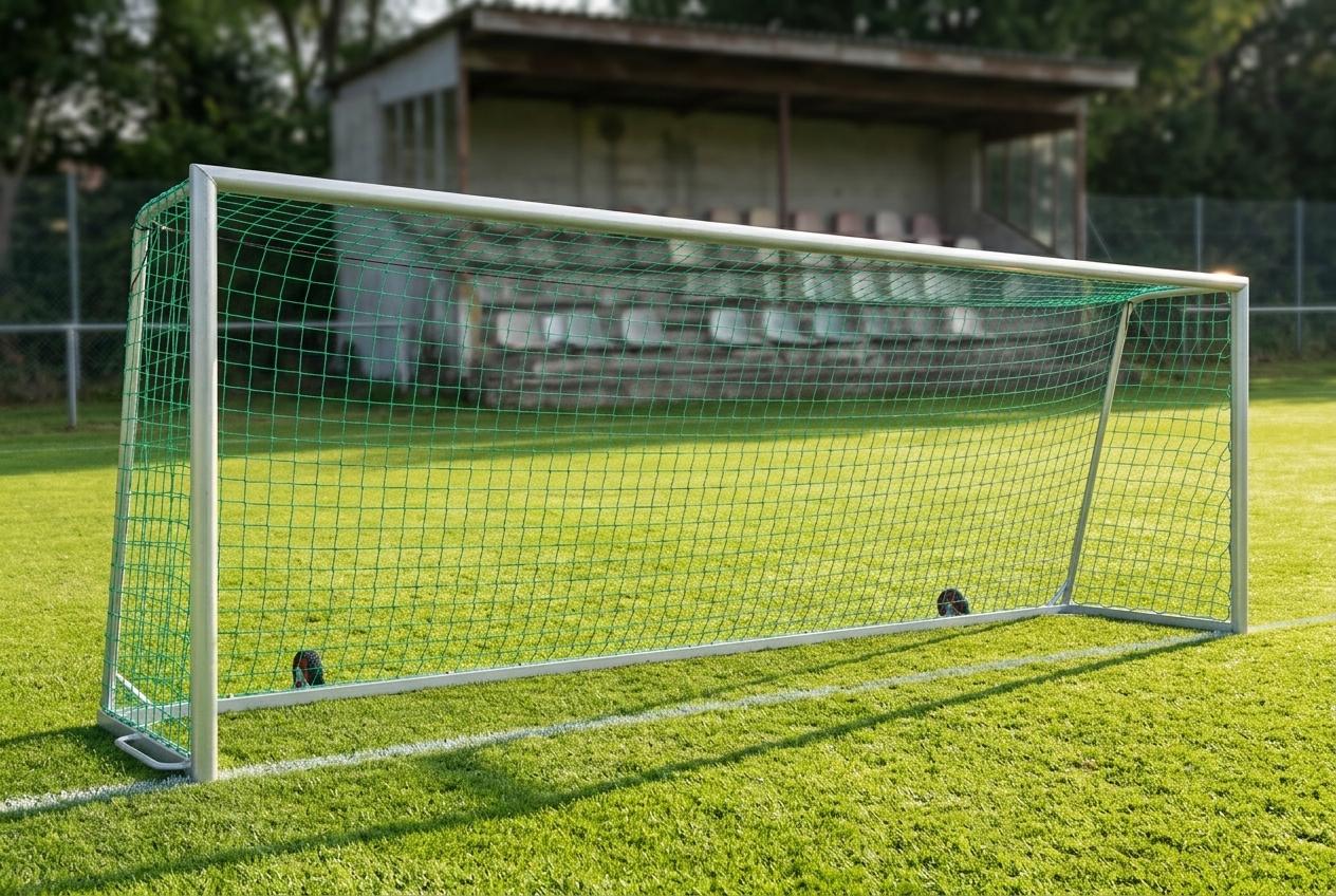 Transportables Fußballtor - Kippsicher - Vollverschweißt - 7,32 x 2,44 m, inkl. Tornetz 1.50m Eingefräste Netzaufhängung