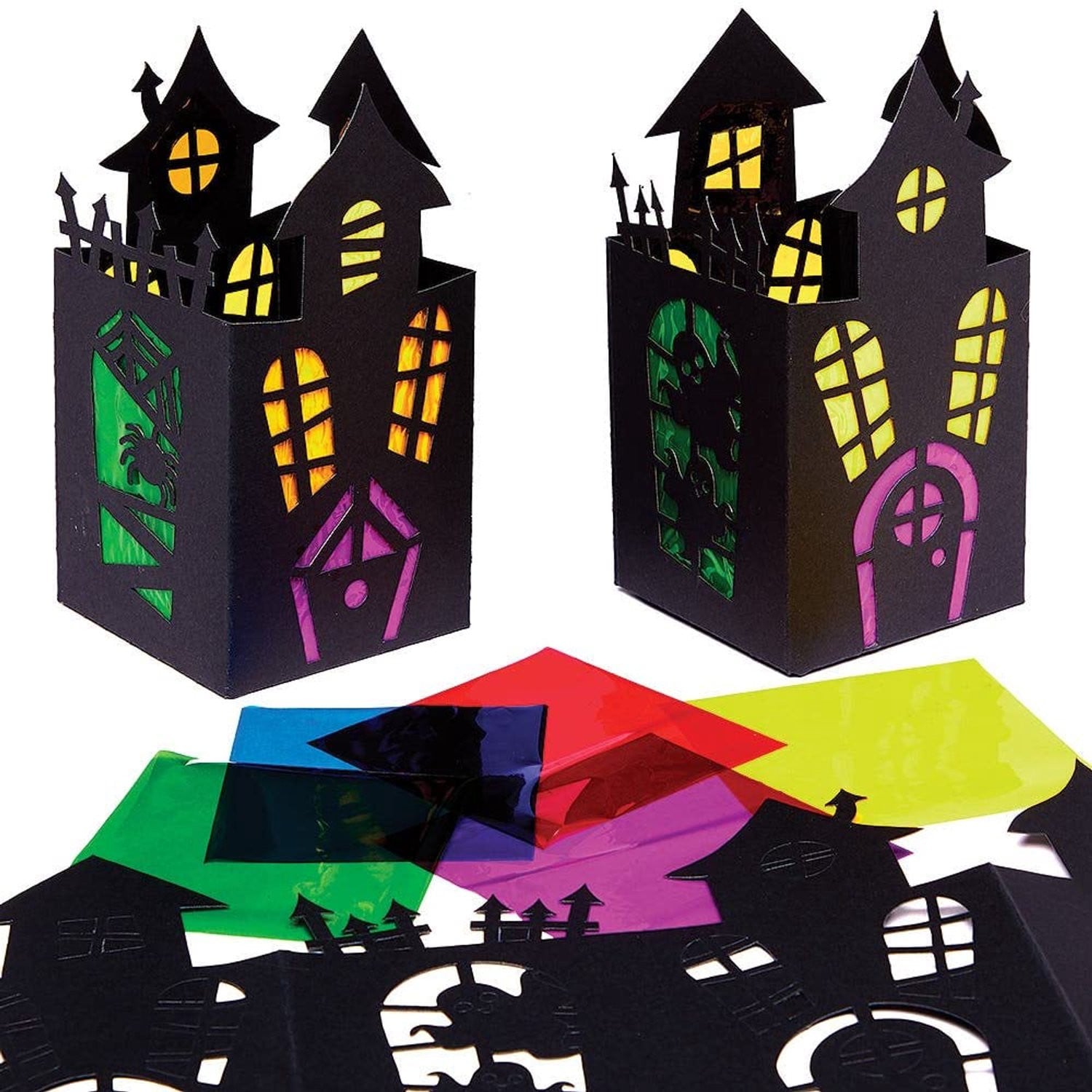 Set van 4 Spookhuis in Gebrandschilderd Glas en Lantaarn Pakketten voor Halloween Decoratie en Knutselen