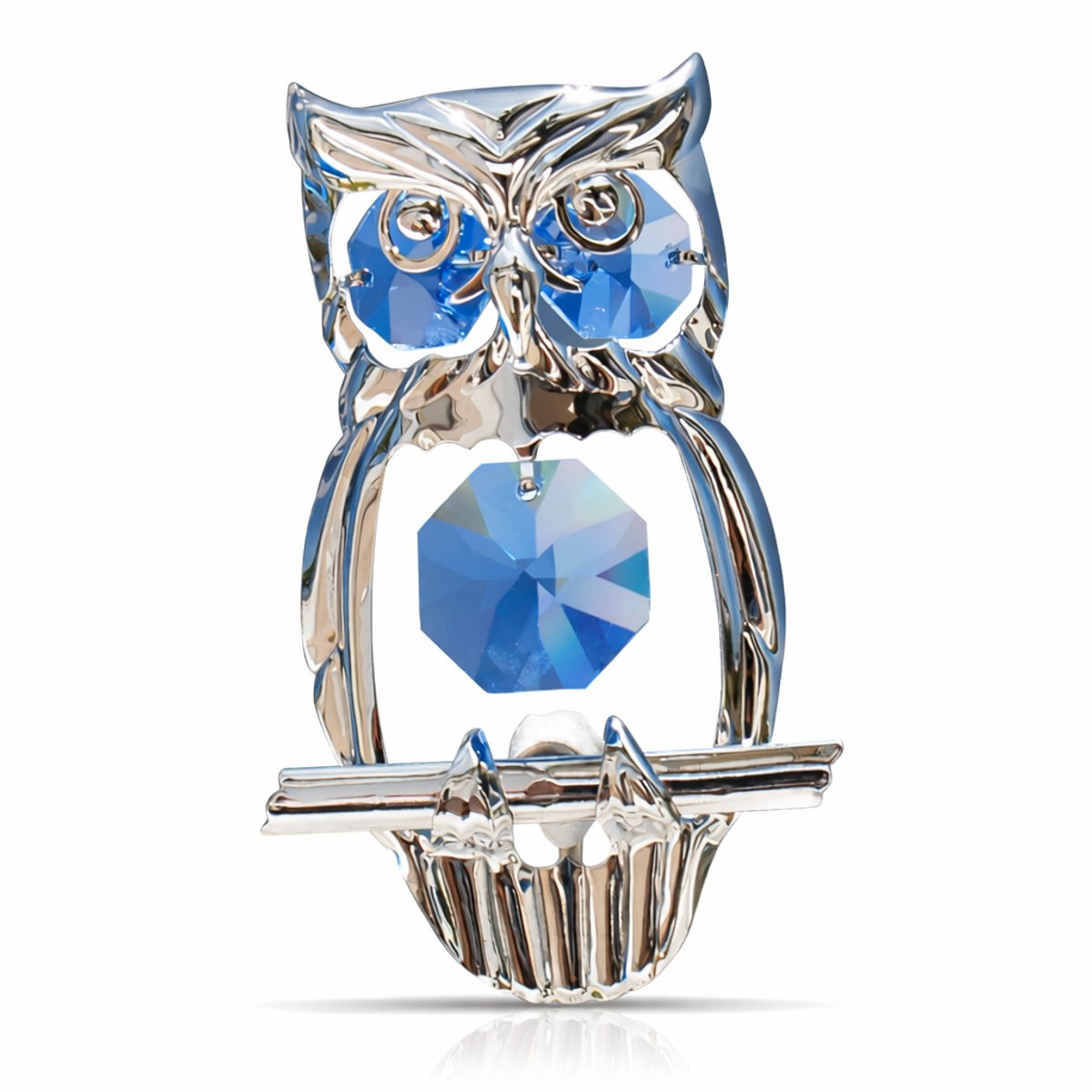 Zilveren Uil met Blauwe Kristallen Luxe Decoratie en Raamhanger