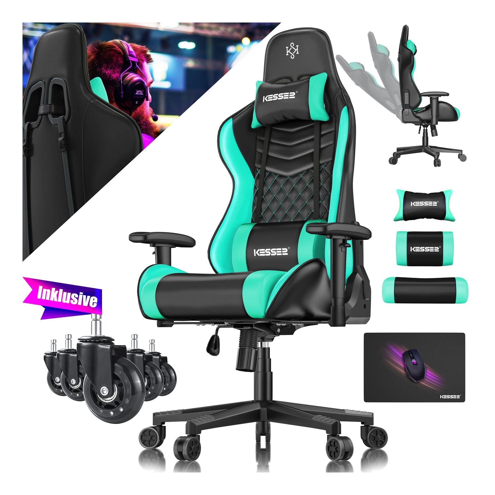 KESSER® Gaming Stuhl Ergonomisch Bürostuhl mit Kopfstütze & Lendenkissen Racing Gamer Stuhl 150kg belastbar Armlehne 360° Drehbarer Schreibtischstuhl Gaming Chair + Gummi-Rollen