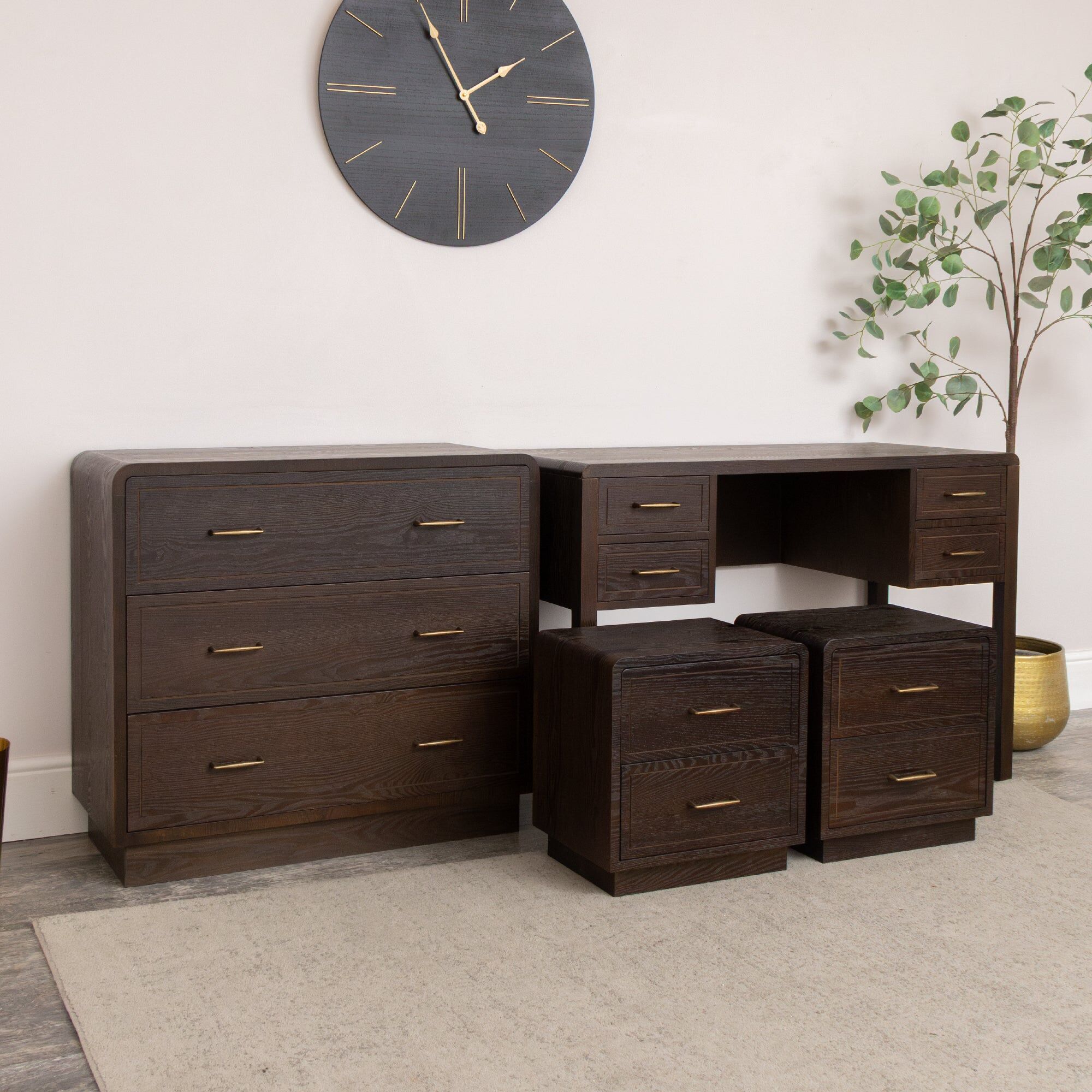 Dark Wood Chest of 3 Drawers, Dressing Table & Pair of Bedside Tables - Kingsley Range Wood, Metal