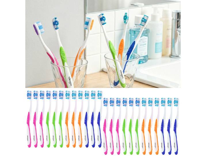 24er-Set Zahnbürsten mit Zungenreiniger, 4 Farben, Ultra-Soft