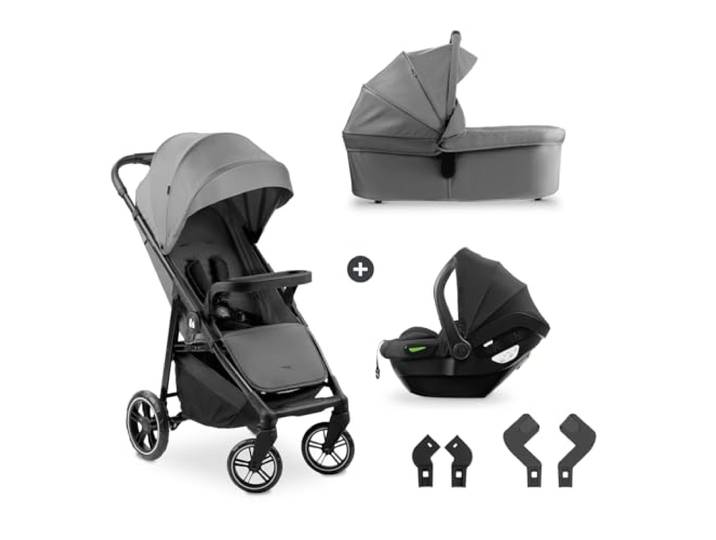 hauck 3in1 Kinderwagen Set Shop N Care Trio Set inkl. Buggy, Babywanne, Babyschale ab Geburt bis 22 kg, Klein Zusammenklappbar, Liegefunktion, Getränkehalter & Tablett, UV-Schutz 50+ (Grey)