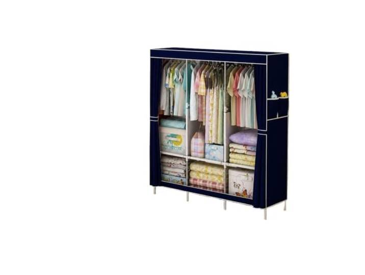 WWPMNQD Tragbarer Kleiderschrank Staubdichter Kleiderschrank aus Stoff Stabiler tragbarer Schrank aus verzinktem Stahlrohr mit 6 Ablagefächern for die Vermietung von Schlafsälen(Deep blue)