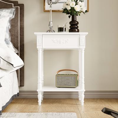 FUFU&GAGA Vintage End Table with Drawer and Shelf, French Style Nightstand with Solid Wood Legs, White Accent Table