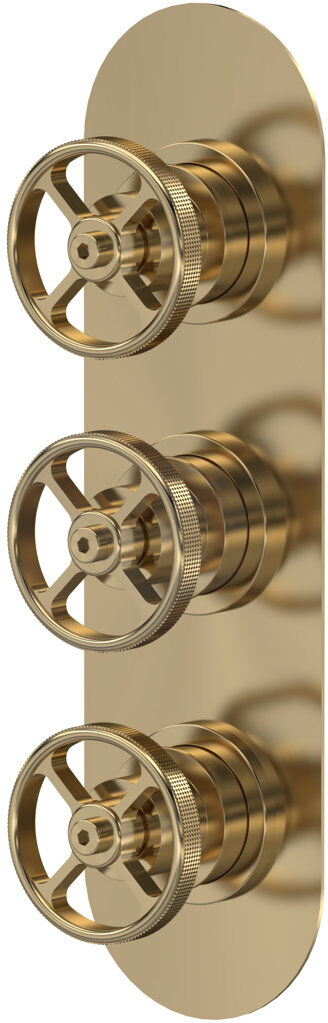 Nuie Industrial Valves Triple Concealed Shower Valve Brushed Brass 280cm H X 80cm W X 8cm D