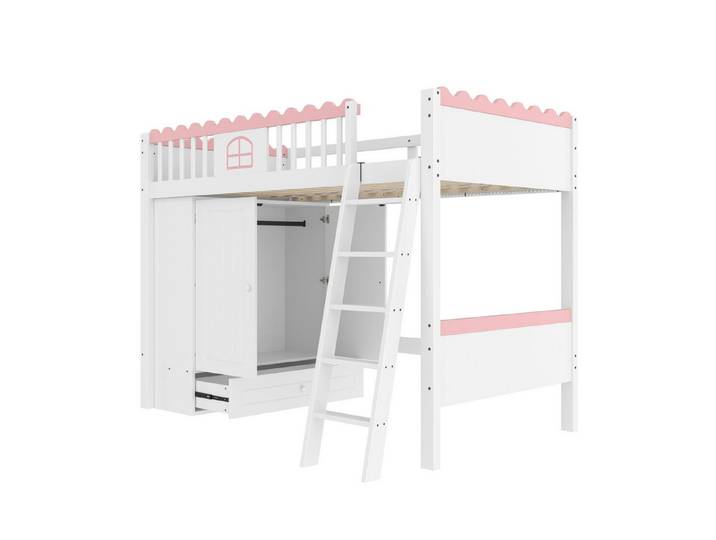 MC Star Hochbett Einzelbett, Kinderbett, mit LED-Leuchten, mit Kleiderschrank (mit Ablageschublade, EN747 zertifiziert, Kiefernholz, 90x200cm, Weiß)