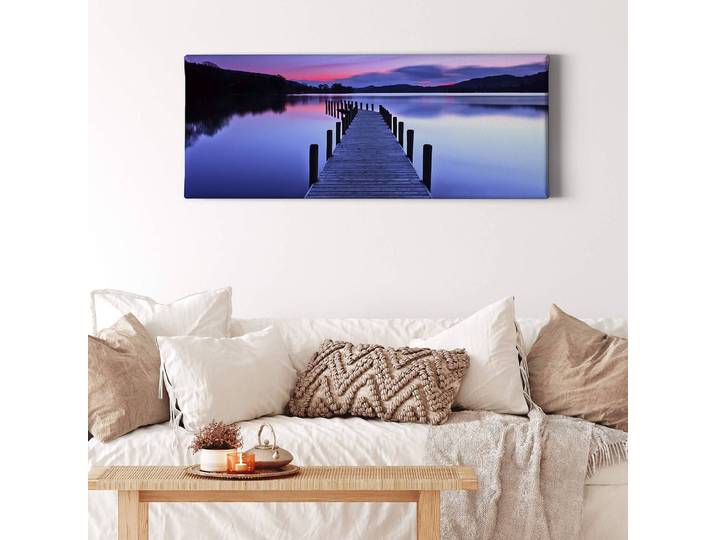 Leinwandbild See Lake Panorama Polyester PVC / Fichtenholz Blau 100 x 40cm