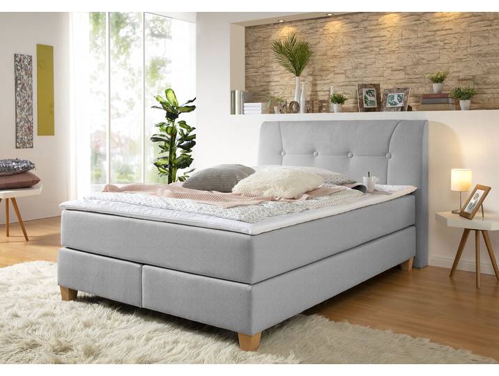 Boxspringbett, Grau, 98x218 cm, Struktur, Inkl. Topper & XXL-Ausführung, Modern, Home-affaire
