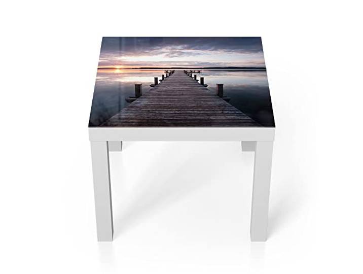 DEQORI Glastisch weiß klein 55x55 cm Motiv Steg bei Sonnenuntergang ausgefallener Beistelltisch aus Glas Hochglanz Couchtisch fürs Wohnzimmer moderner Couch Tisch mit Design