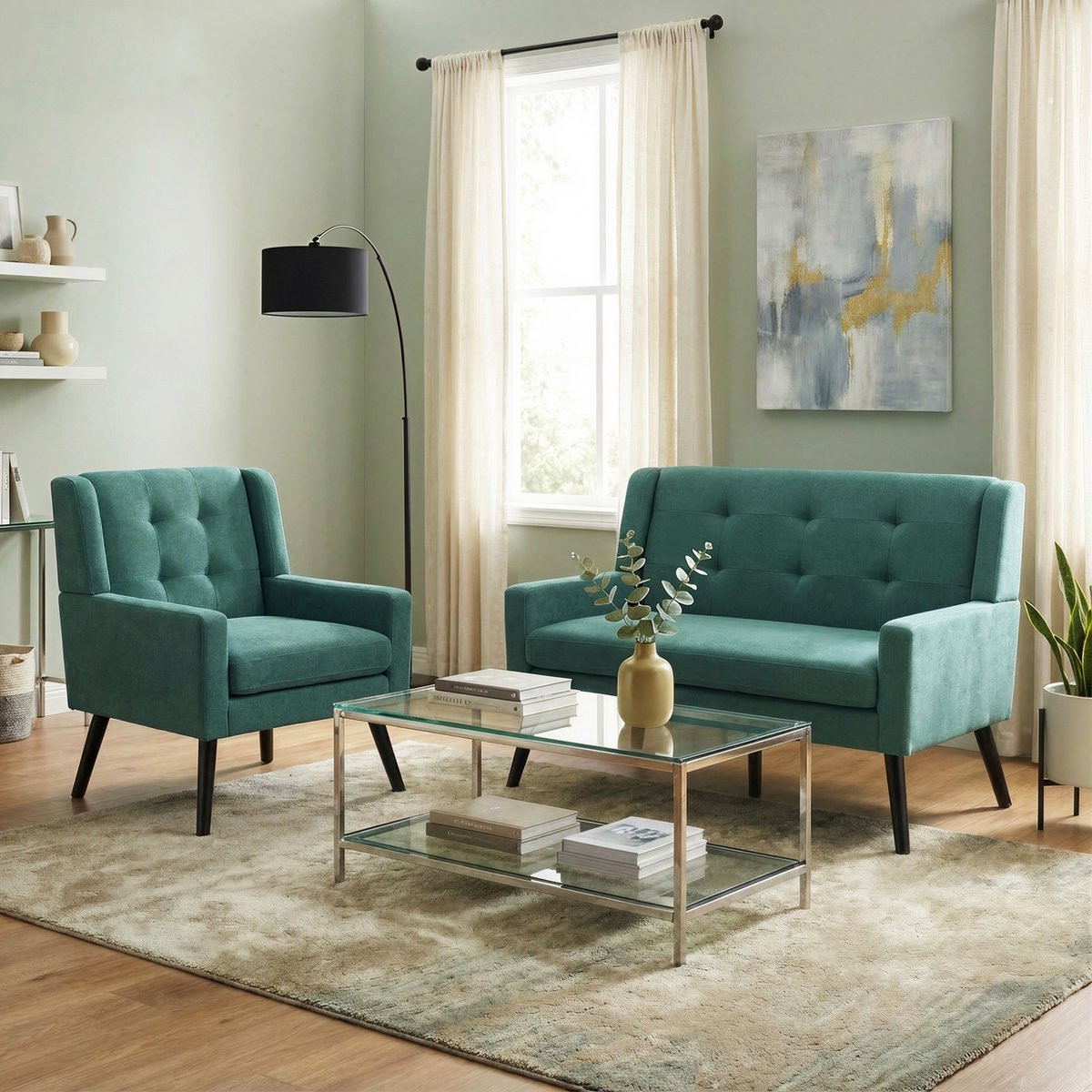 COVREO Accent-sessel-set 2-delig retro groen met houten poten en armleuningen