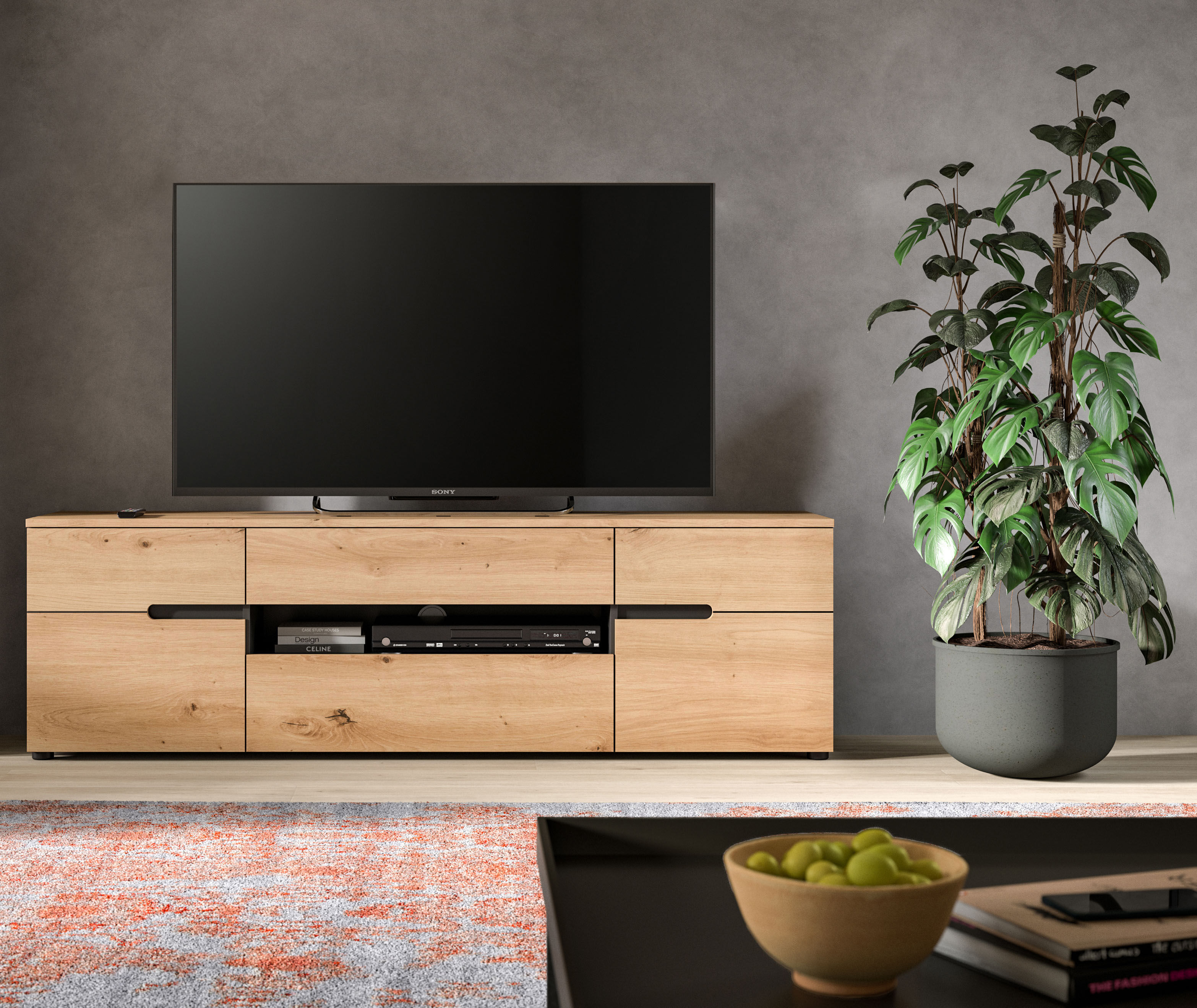 TV-Schrank HOME AFFAIRE "REHAT, TOPSELLER, Breite 184 cm, 2 Türen, 1 Klappe, 1 Schublade", basalt grau, artisan eiche nachbildung, B:184cm H:55cm T:44cm, Holzwerkstoff, Schränke, TV-Schrank, Lowboard, TV Lowboard, Anrichte, Fernsehschrank, Sideboard basal