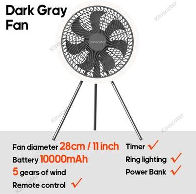 Quick Pick Pro Travel Portable Charge Camping Fan, Rechargeable Ceiling Fan With LED Lighting, Quiet Stand, Circulator Fan For Outdoor b Dark Grey Fan